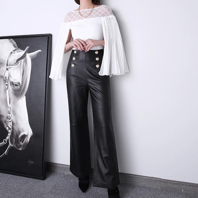 Genuine Leather Pants Women\'s 2022 Winter Ton Sheepskin High Waist Double-Breasted Wide Leg Straight Trousers Baggy Pantalones