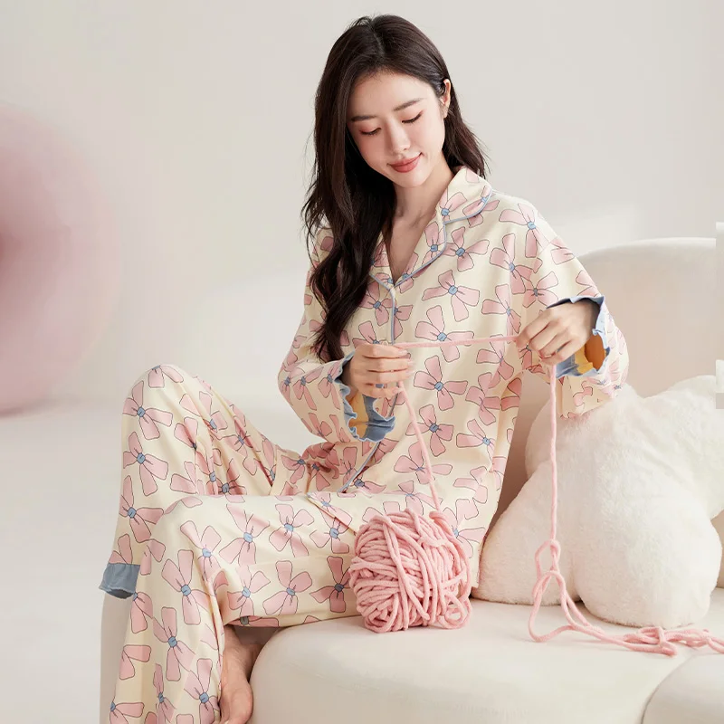 Bowknot Women Pajamas Set Cute Kawaii Sweet Sleepwear Long Sleeves Long Pants Autumn Winter Pyjamas Cozy Pijamas Girl Pjs Button