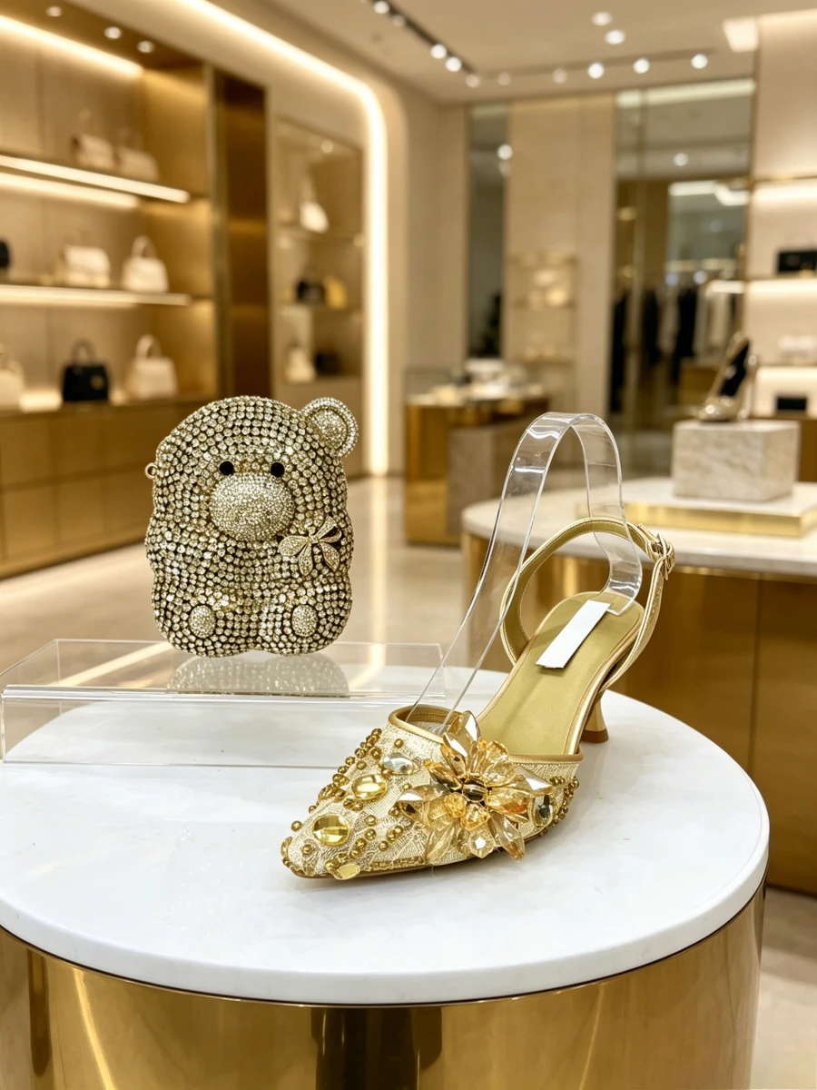 Tacones de Plataforma con Encaje Dorado Champán, Pedrería Floral y Bolso de Mano con Cristales 3D en Forma de Oso, Zapatos de Vestir de Lujo para Fiesta