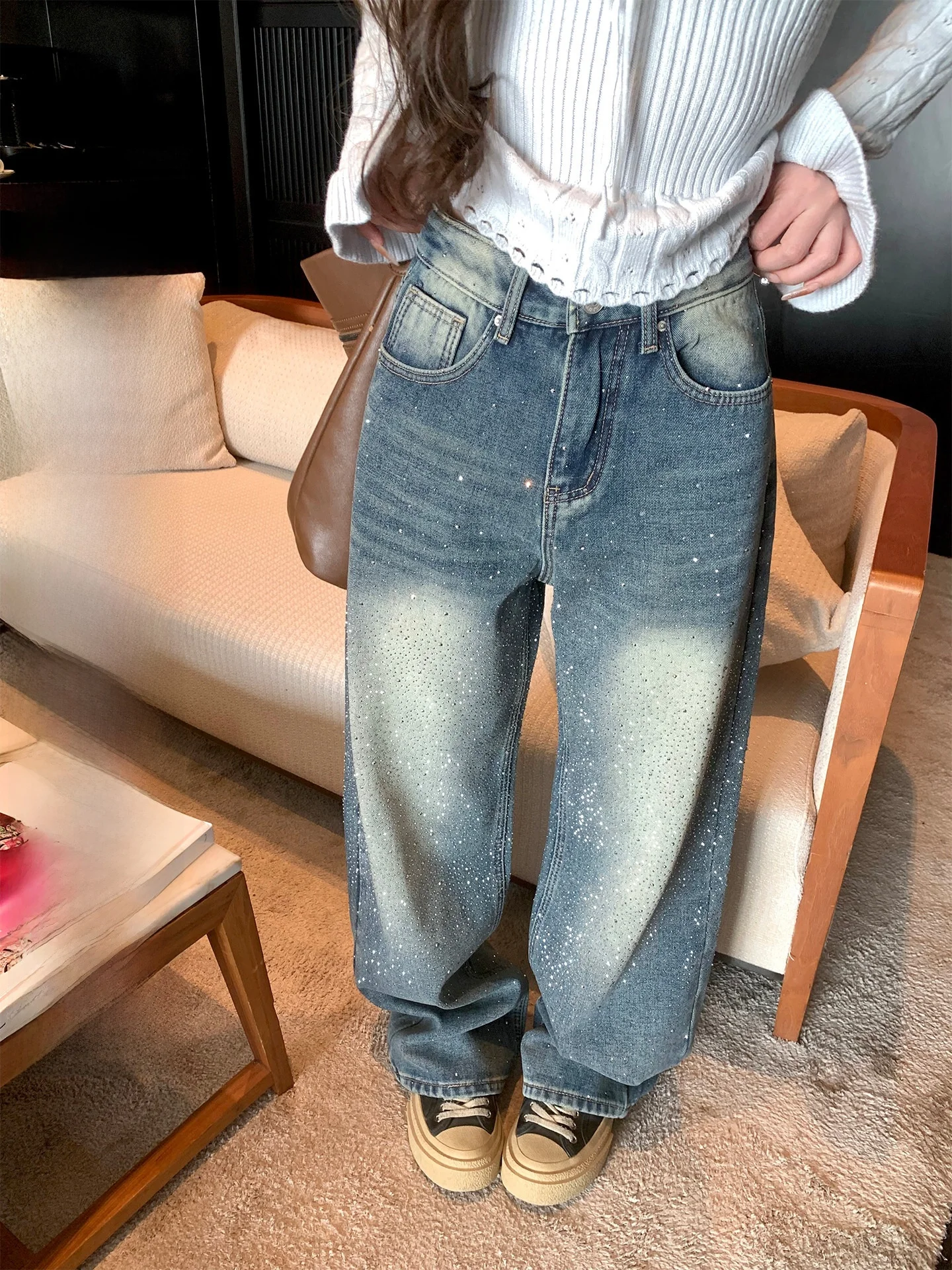 

Зимние женские джинсы с широкими штанинами, на подкладке, с блестками и стразами, с высокой талией, из хлопка, высокого качества, в корейском стиле