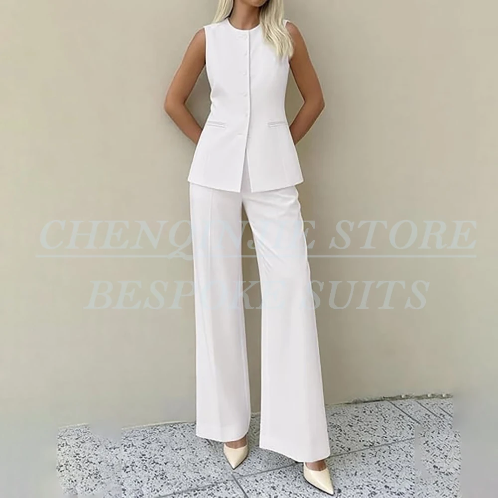 

Formal Office Lady White Women's Suits Fashion Sleeveless Single Breasted Wide Leg Trousers Customized Blazer Pants Chic Jacket