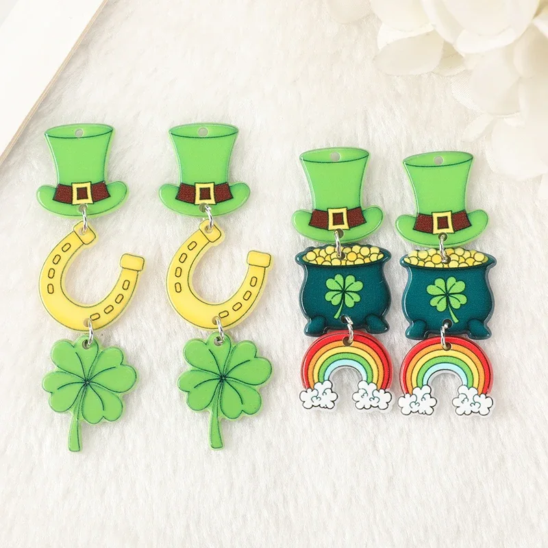 4Pcs St. Patrick's Day Charms Acrylic Shamrock Green Hat For Necklace Keychain Diy Making Accessories