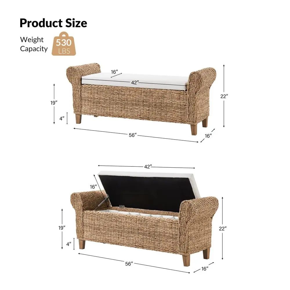 HOME Rattan Storage Bench with Rolled Armrests, Boho Wicker End of Bed Bench for Bedroom Entryway Living Room, Water Hyacinth F