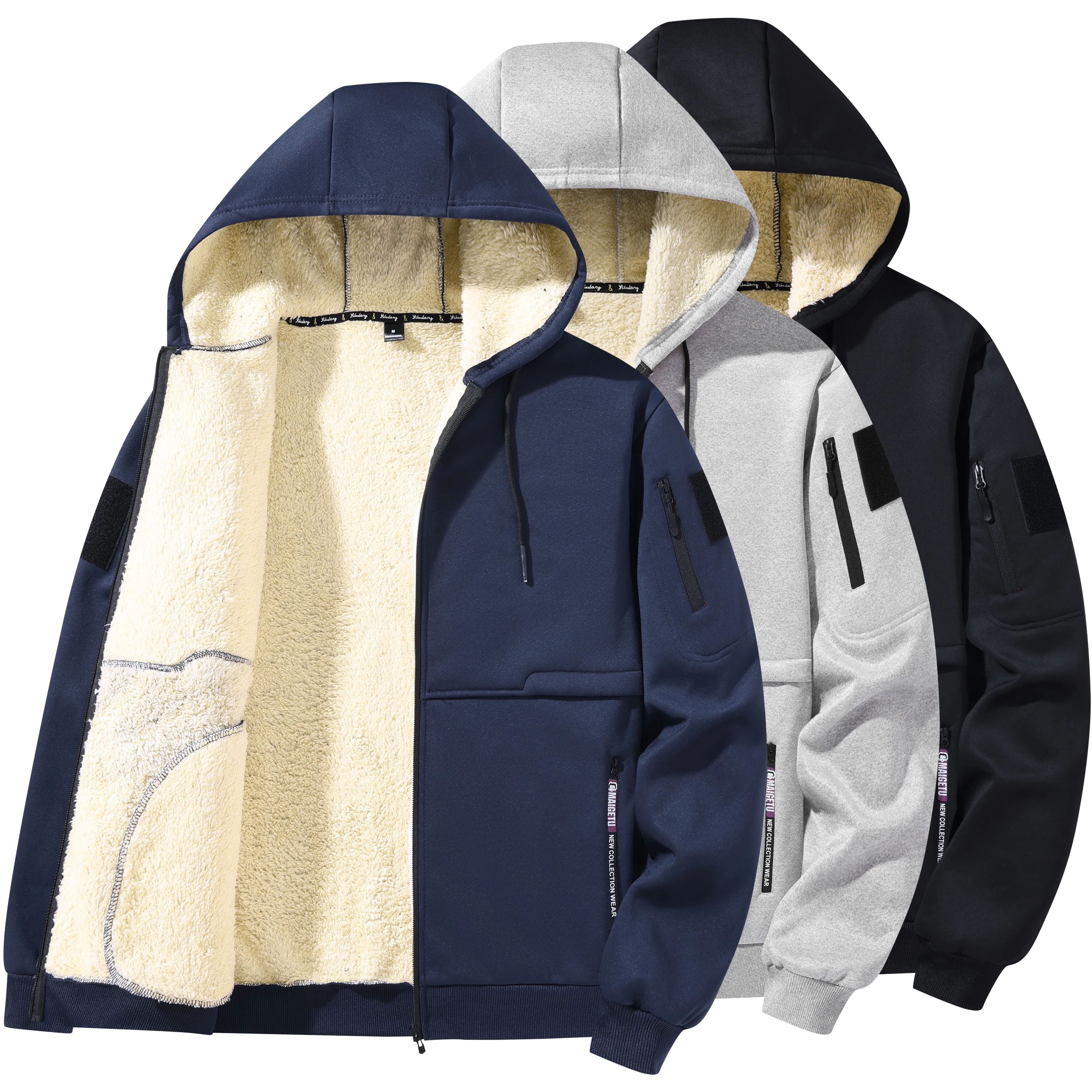 Winter Men's Zipper Jacket Fleece Warm Windproof Hoodies Thicken Cardigan Casual Sports Long Sleeve Sweatshirts Hooded Coat