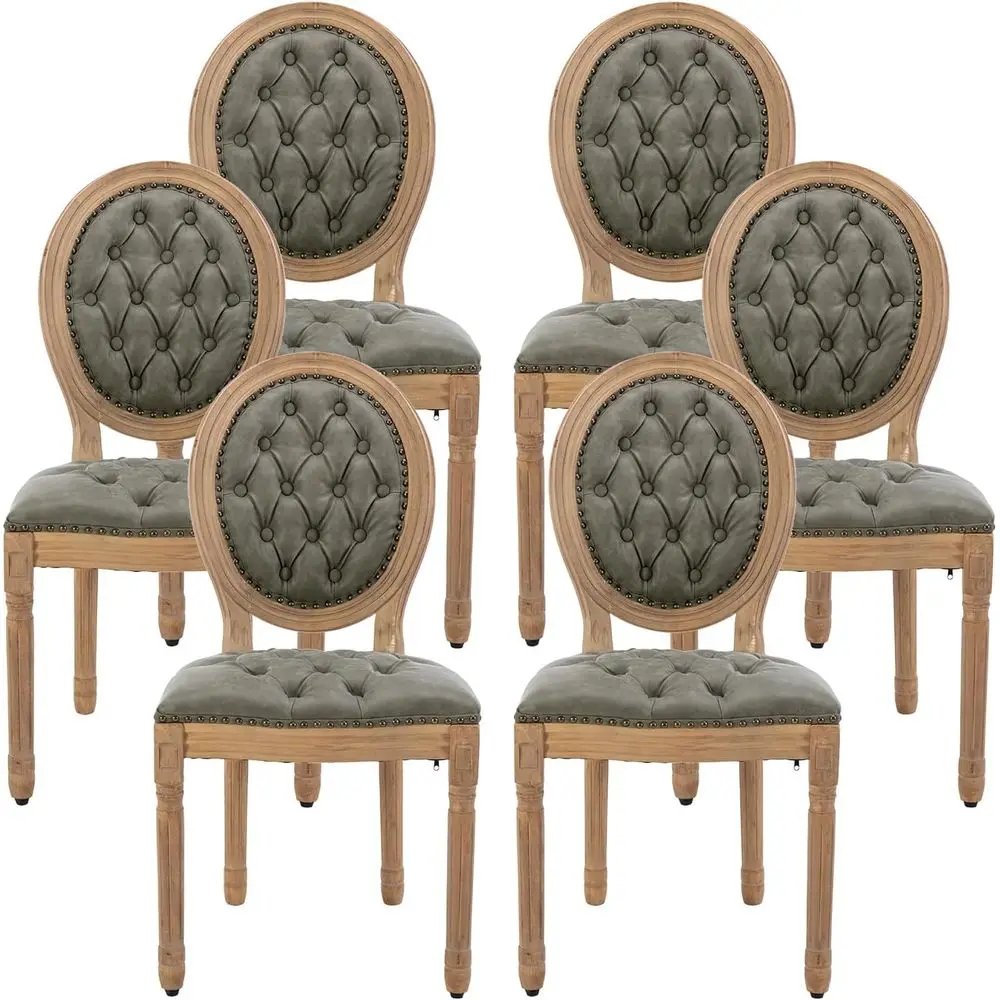 

Vintage Pine Green Upholstered Dining Chairs Set of 6, PU Leather with Tufted Back, Solid Wood Legs for Living Room, Kitchen, Re