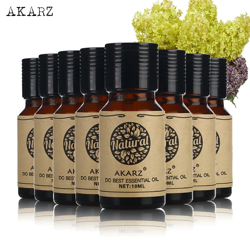 

AKARZ Value Set of 8 Essential Oils - Peony Verbena Frangipani Tea Tree Jasmine Peppermint Eucalyptus Violet - 10ml Each