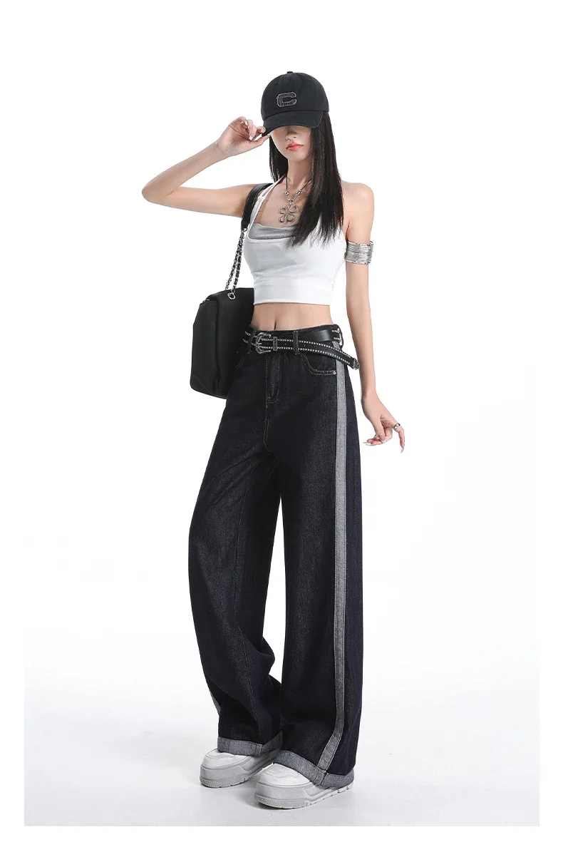 Y2K 女性コントラストスプライシングジーンズディープブルーハイウエストワイドレッグルーズフィット痩身長ズボン
