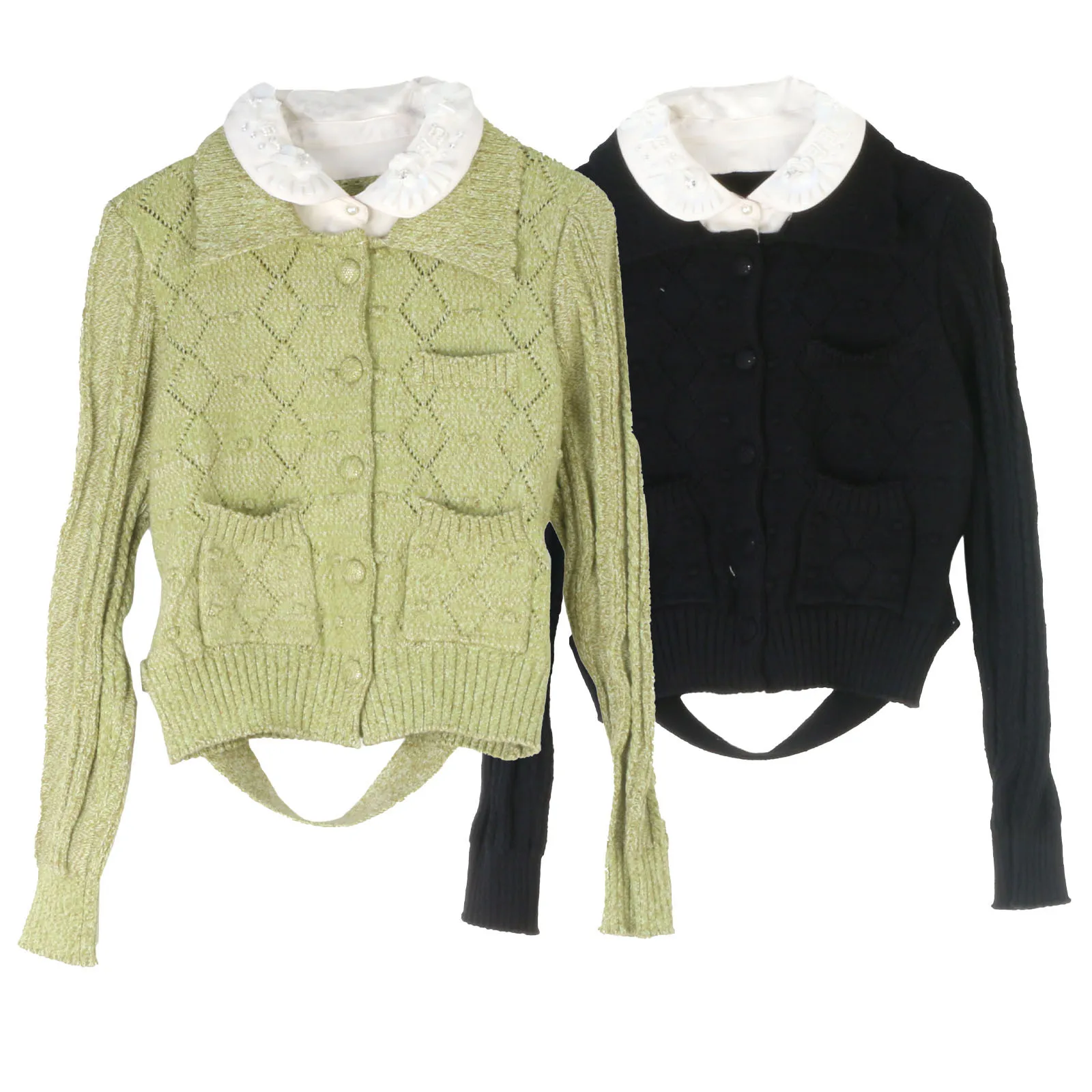 

2025 Женский свитер черно-зеленый с лацканами и длинным рукавом