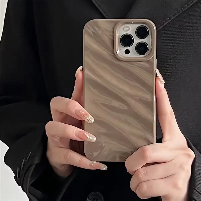 Ins Caramel Pleats Case Compatible For IPhone 16 15 11 13 14 12 Pro Max 7 8 Plus SE 2020 3D Wavy Grain Simple Solid Color Cover