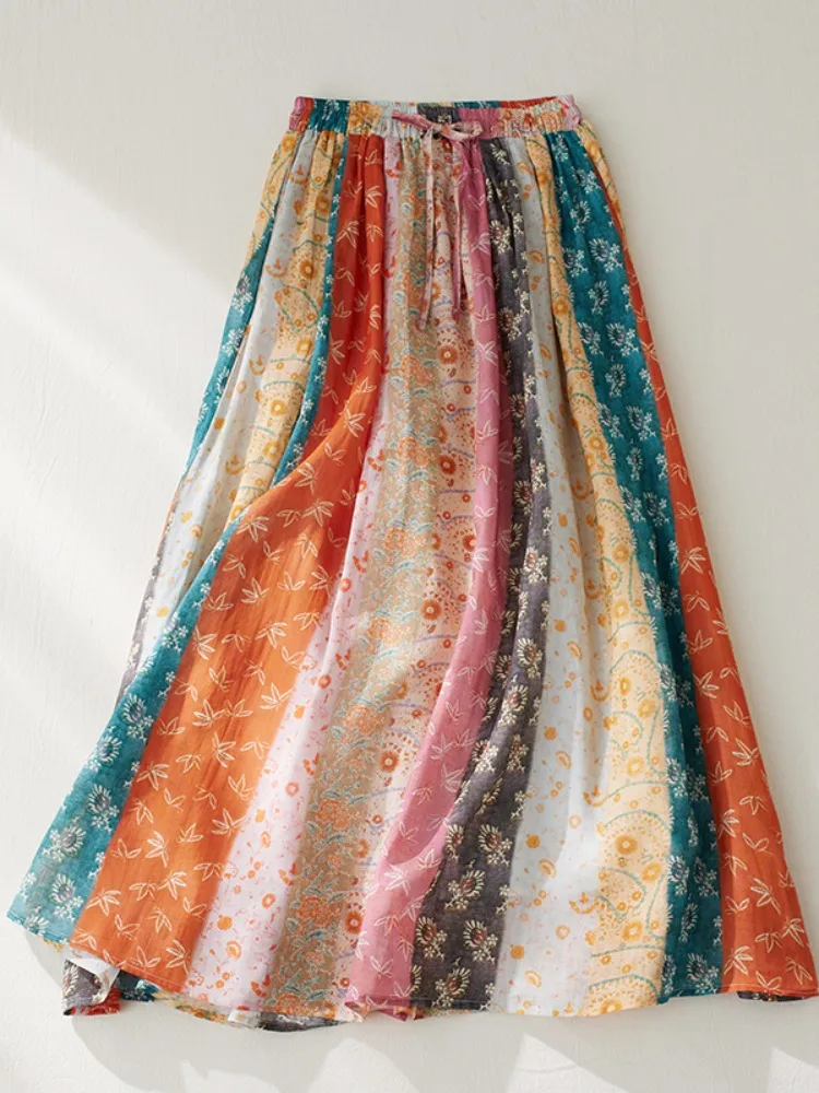 Retro Floral Cotton Linen High Waist A-Line Midi Skirt Women's Spring Summer Vacation Travel Hemp Half Skirt Printed Skirt