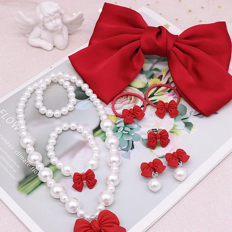 4Pcs Cute Bow Pendant Pearl Necklace Bracelet Ear Clip Children\'s Necklace Set Girl Hairpin Hair Accessories Children\'s Gift