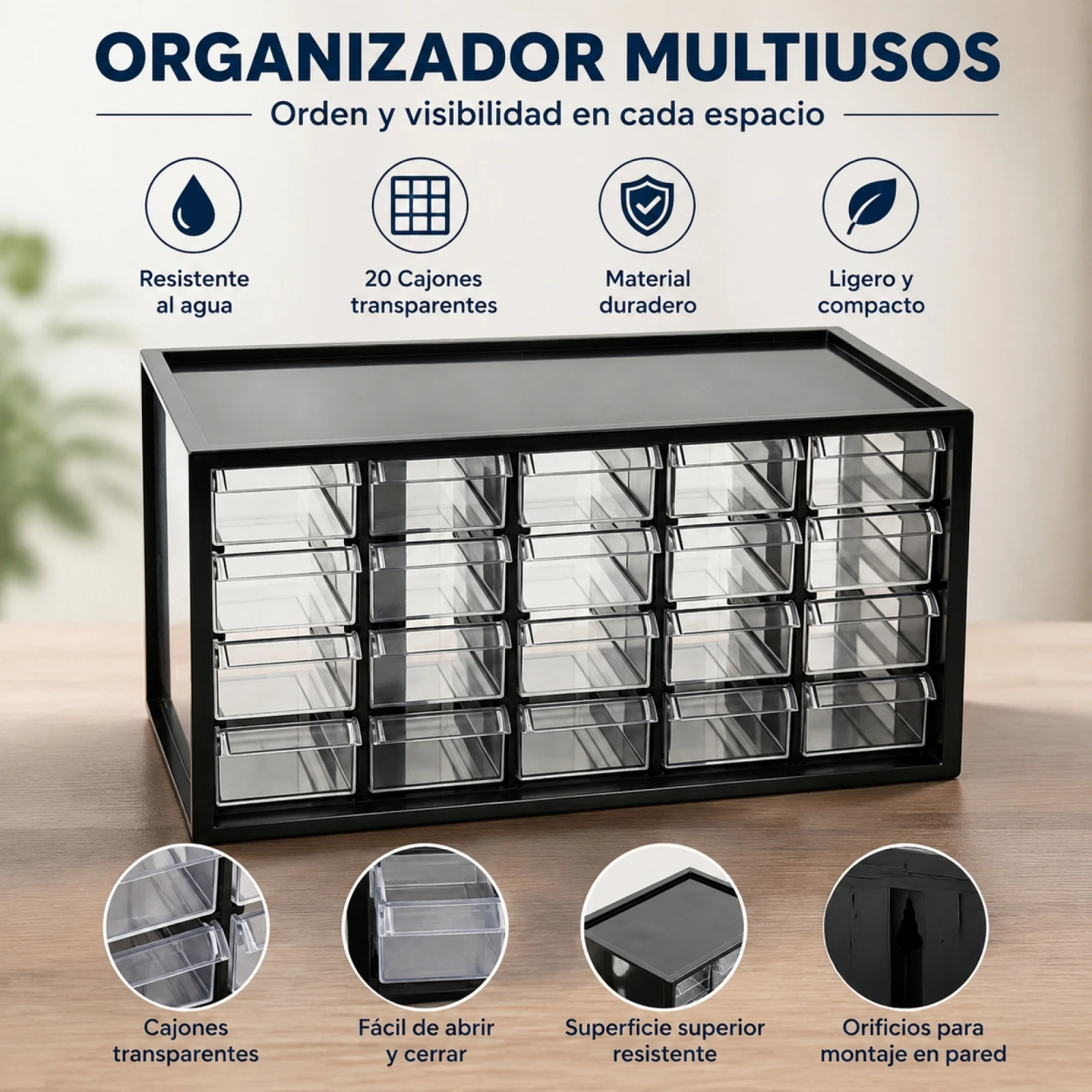 Cajonera transparente multiusos de 20 compartimentos, caja organizadora de plástico PP negro, ideal para herramientas y artículos de manualidades, cajones para piezas de escritorio, apta para el hogar y la oficina, tamaño 38×15,5×19,5 cm