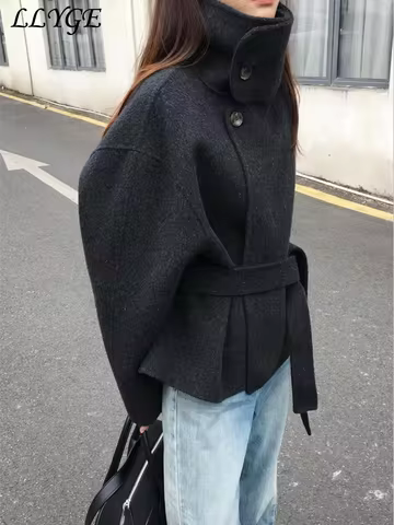 Street Women's Belt Stand Collar Woolen Coats Chic Single Breasted Full Sleeve Jacket 2025 Autumn Winter Lady Commute Outwear