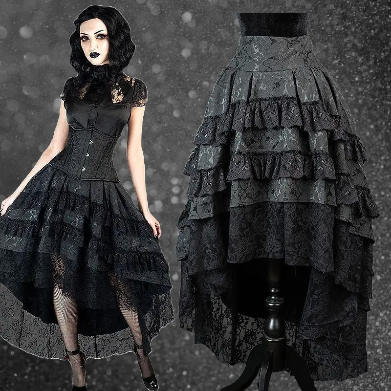 

Vintage Punk Y2k Gothic Dark Academia Clothes Irregular Lace Patchwork Ruched Skirts 2025 New High Waist Black Skirt for Women