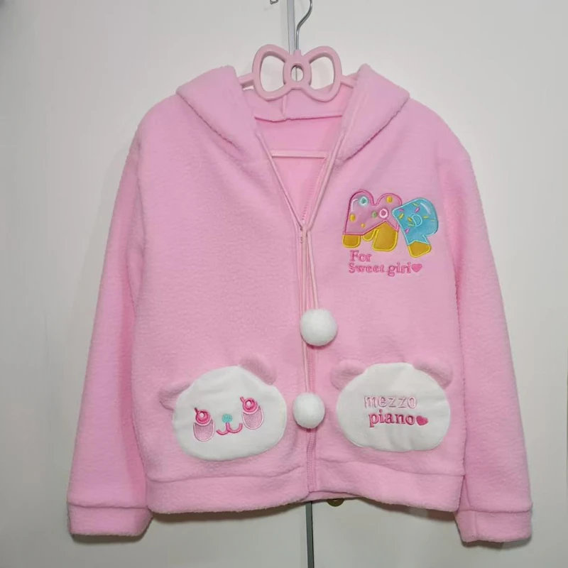 Chaqueta de lana suave con orejas de oso para mujer, abrigos con capucha, estética Y2k, Tops bordados de dibujos animados Kawaii japoneses, otoño e