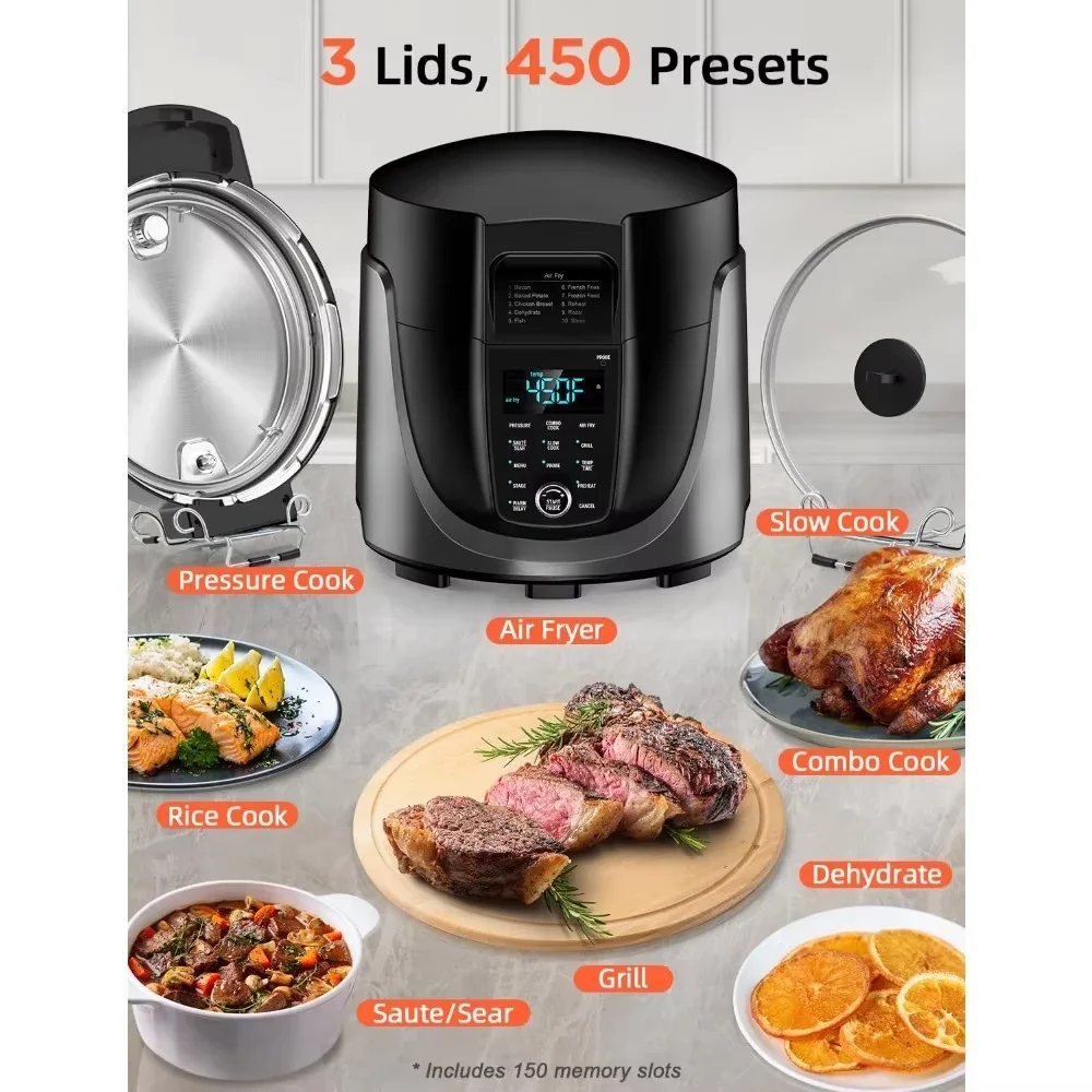 Duet Electric Pressure Cooker & Air Fryer Combo, 450 IN 1 Slow Cooker & Grill with Integrated Digital Temp Probe, 6qt SS Pot