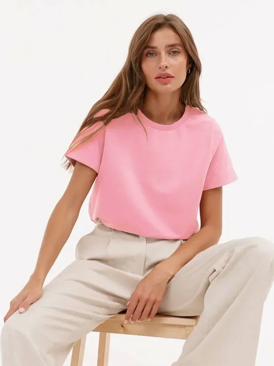 Wolfeel Summer 100% Cotton Women's T-shirt Bottoming Basic Fashionable Solid Lady Short Sleeve Loose Tops Shirts 230g/㎡ Tops image 2