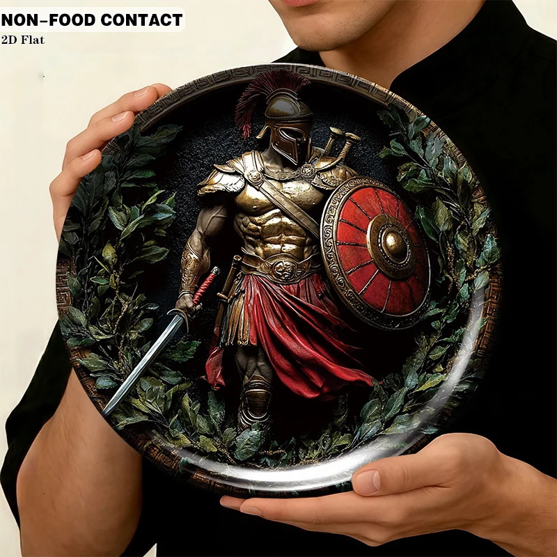 1pc Greek-Themed Spartan Warrior Ceramic Plate - Round Wall/Table Decor with Golden Spartan Art, Non-Food Contact Suitable for