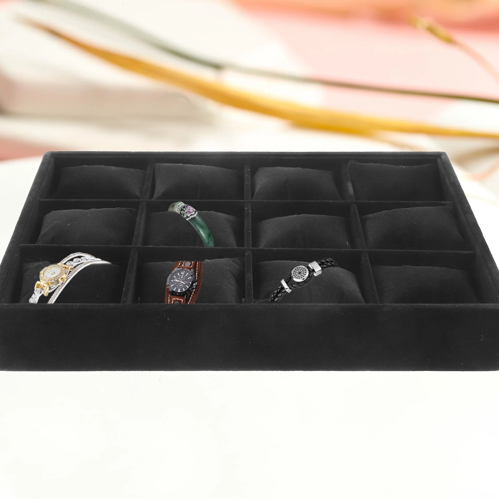 

12 Cells Watch Bracelet Storage Tray Frost Velvet Display Holder Jewelry Organizer Safe Material Anti Scratch Box