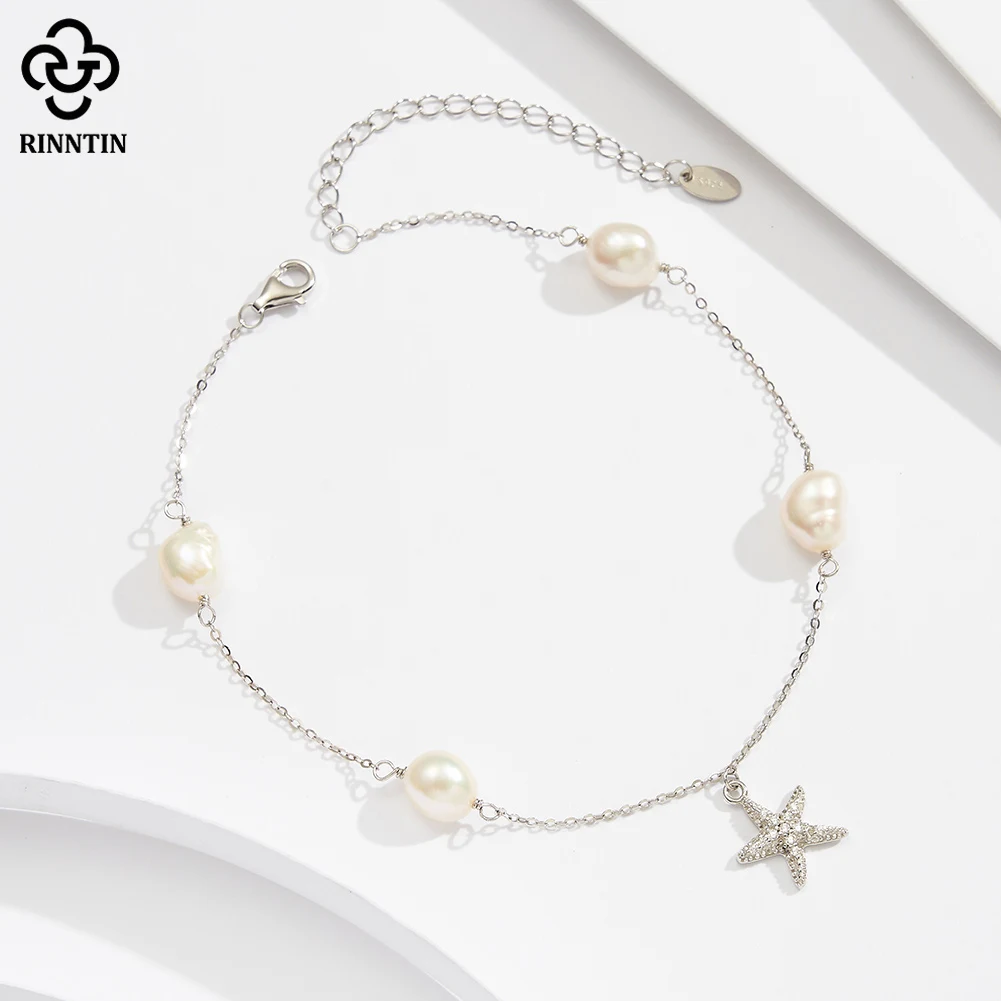 Rinntin Genuine 925 Sterling Silver Natural Pearls Chain Anklets for Women with Cute Starfish Ankle Straps Jewelry SA74