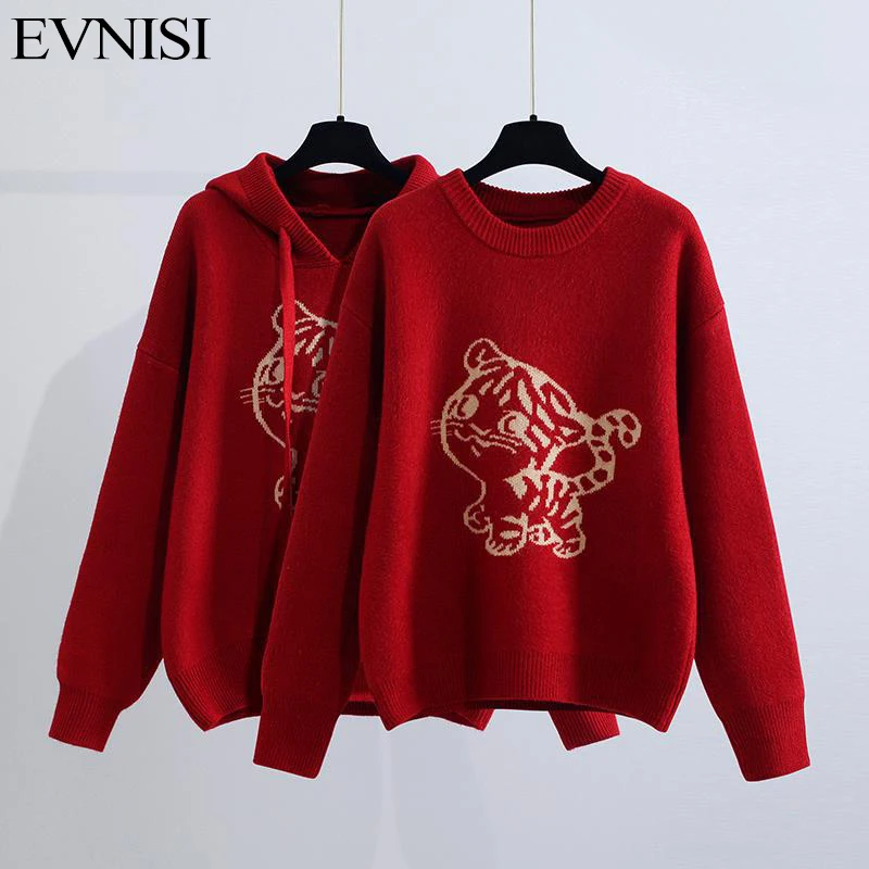 EVNISI Women Sweet Red Hooded Loose Cashmere Sweater Pullover Cute Print Knitting Long Sleeve Jumpers Pullover For Women Winter