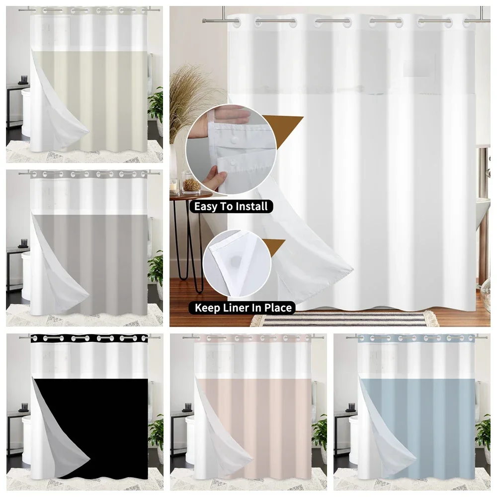 No Hook Solid Color Shower Curtain with Snap in Liner for Hotel Bathroom with See Through Top Window Waterproof Shower Curtain