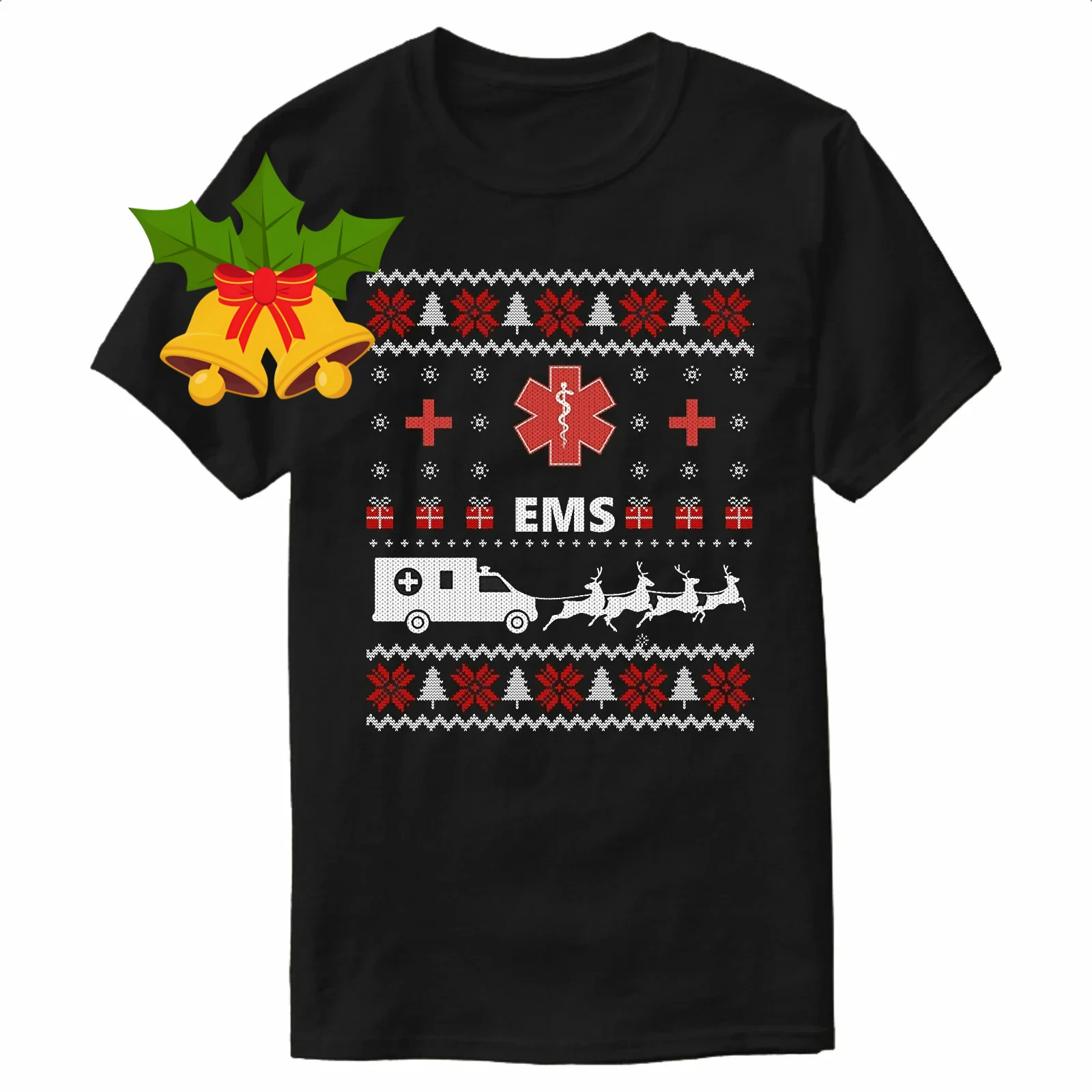Funny EMS Ambulance Sleigher Ugly Christmas Sweater Paramedic Gift T-Shirt 100% Cotton O-Neck Short Sleeve Casual Mens T-shirt