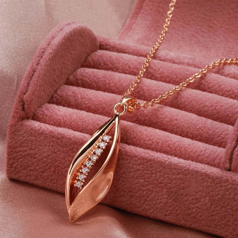 SYOUJYO 585 Rose Gold Color Long Necklace for Women Natural Zircon Trendy  Jewelry Vintage Wedding Leaf Shape Pendant Necklace