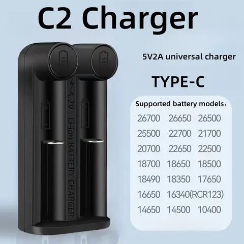 Yonii 2 slot C2 Caricabatteria Tipo-C Adatto 3.7-4.2V Li-ion 14500 18350 18650 21700 26650 Batteria al litio ricaricabile intelligente