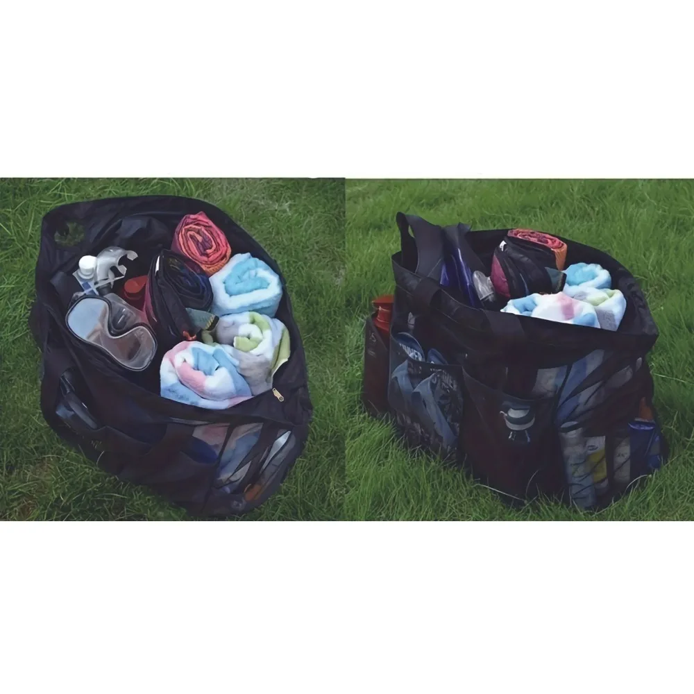 حقيبة شاطئ شبكية كبيرة الحجم، حقيبة يد شبكية قابلة للتنفس، مع سحابات وجيوب جانبية، حقيبة تنظيم وتخزين محمولة