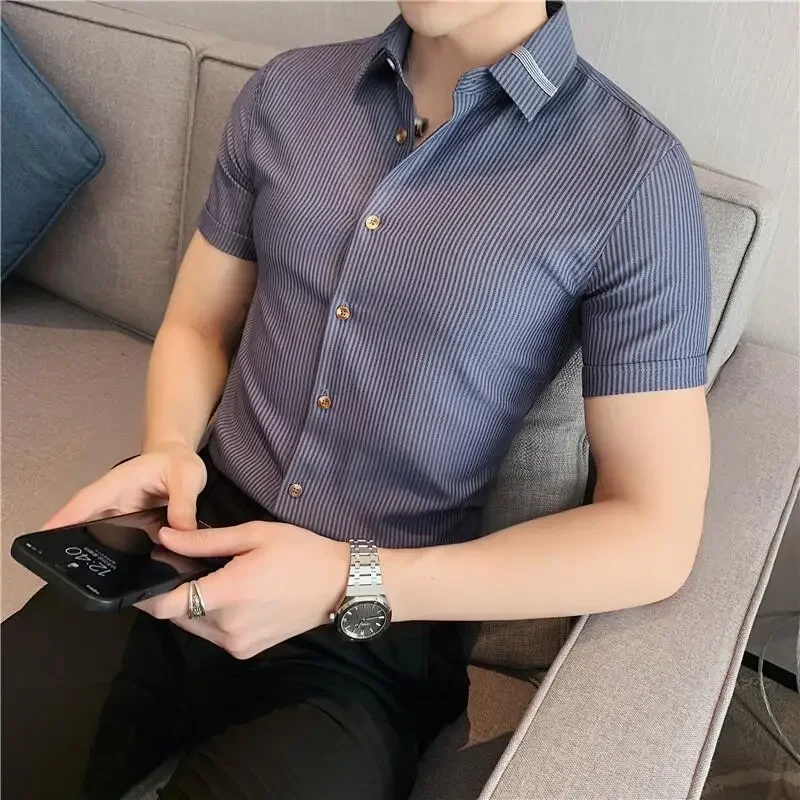 

Summer High Quality Striped Ribbon Short Sleeve Shirt Men's Slim Fit Business Formal Wear Blouse Streetwear Plus Size 4XL-M