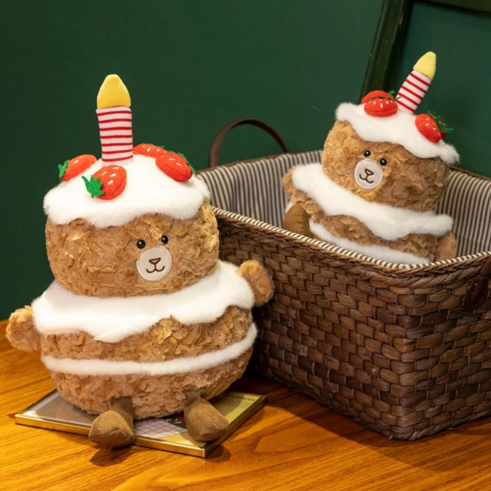 Creative Brown Bear Stuffed Animals Plush Toy Cartoon Strawberry Cake With Candle Doll Home Party Decor Gift for Girls