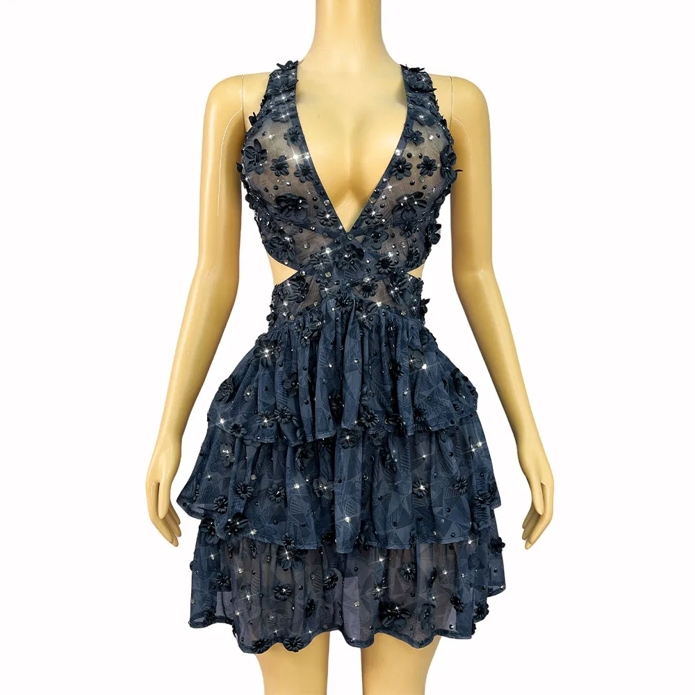 

Luxurious Sexy V-neck Backless Black Dress Shining Rhinestones Petals Gowns Party Celebrate Evening Photoshoot Stage Wear