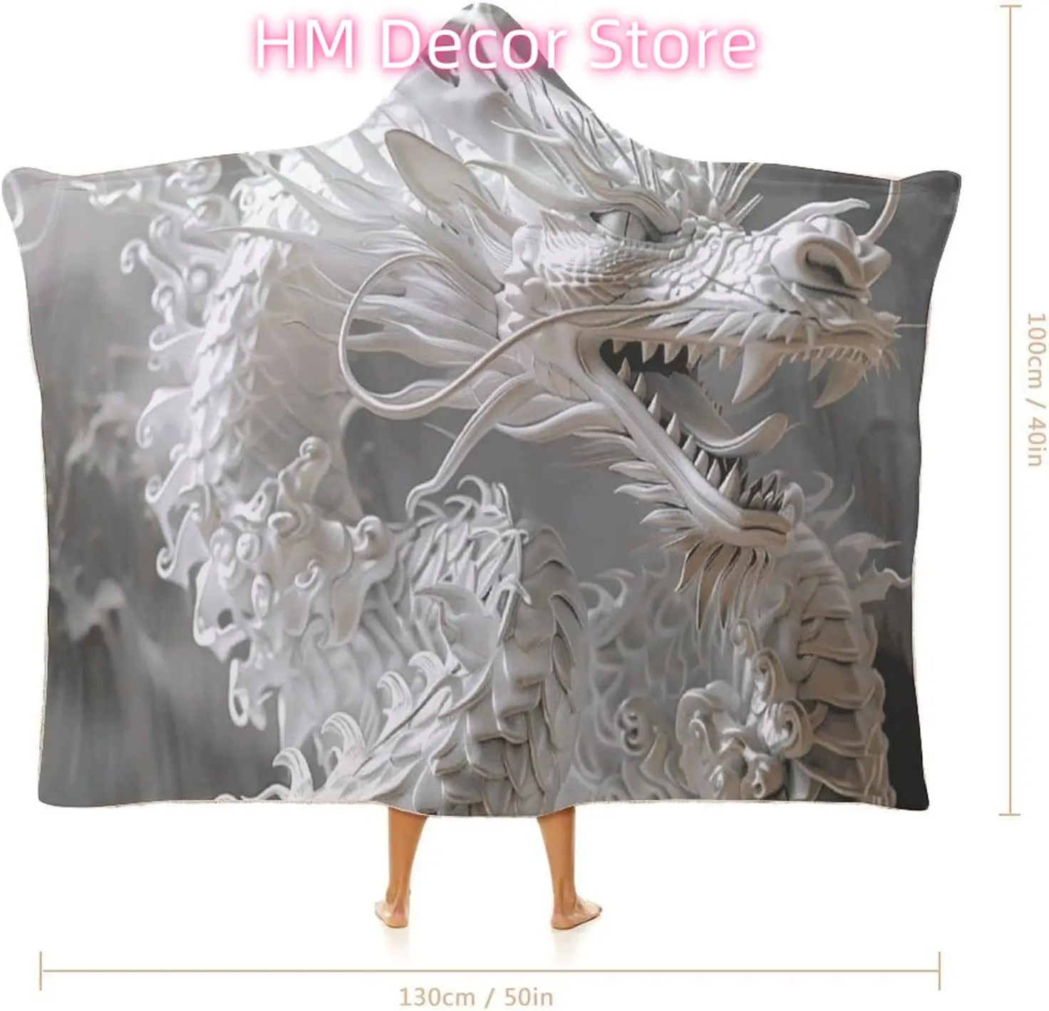 White Dragon Style Wearable Hooded Blanket, Ultra Soft Arctic Velvet Cape Cloak Unisex - Cozy Wearable Blanket
