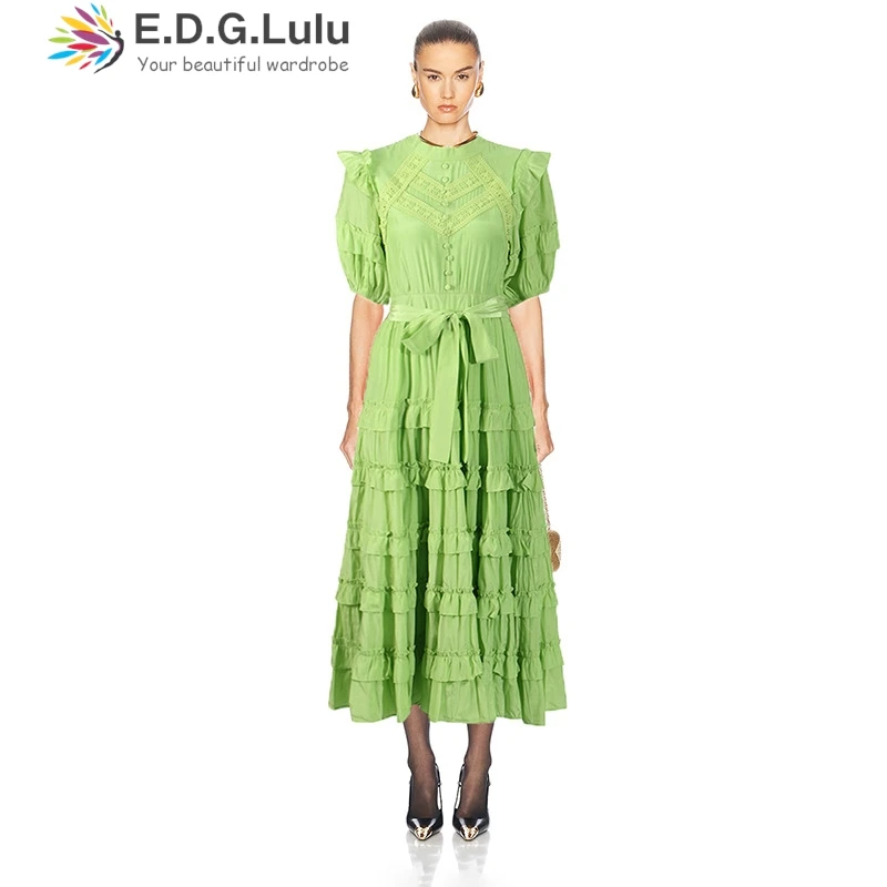 EDGLuLu O Neck Lantern Sleeves Casual Women's Long Dresses Single Breasted Buckle High Waist Lace-Up Loose Long Dresses 1130