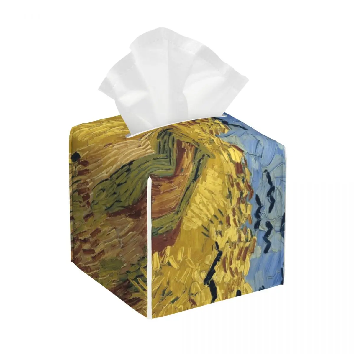 Cubierta de caja de pañuelos de campo de trigo con cuervos para baño, oficina, Vincent Van Gogh, pintura cuadrada, soporte de caja de pañuelos faciales de cuero PU