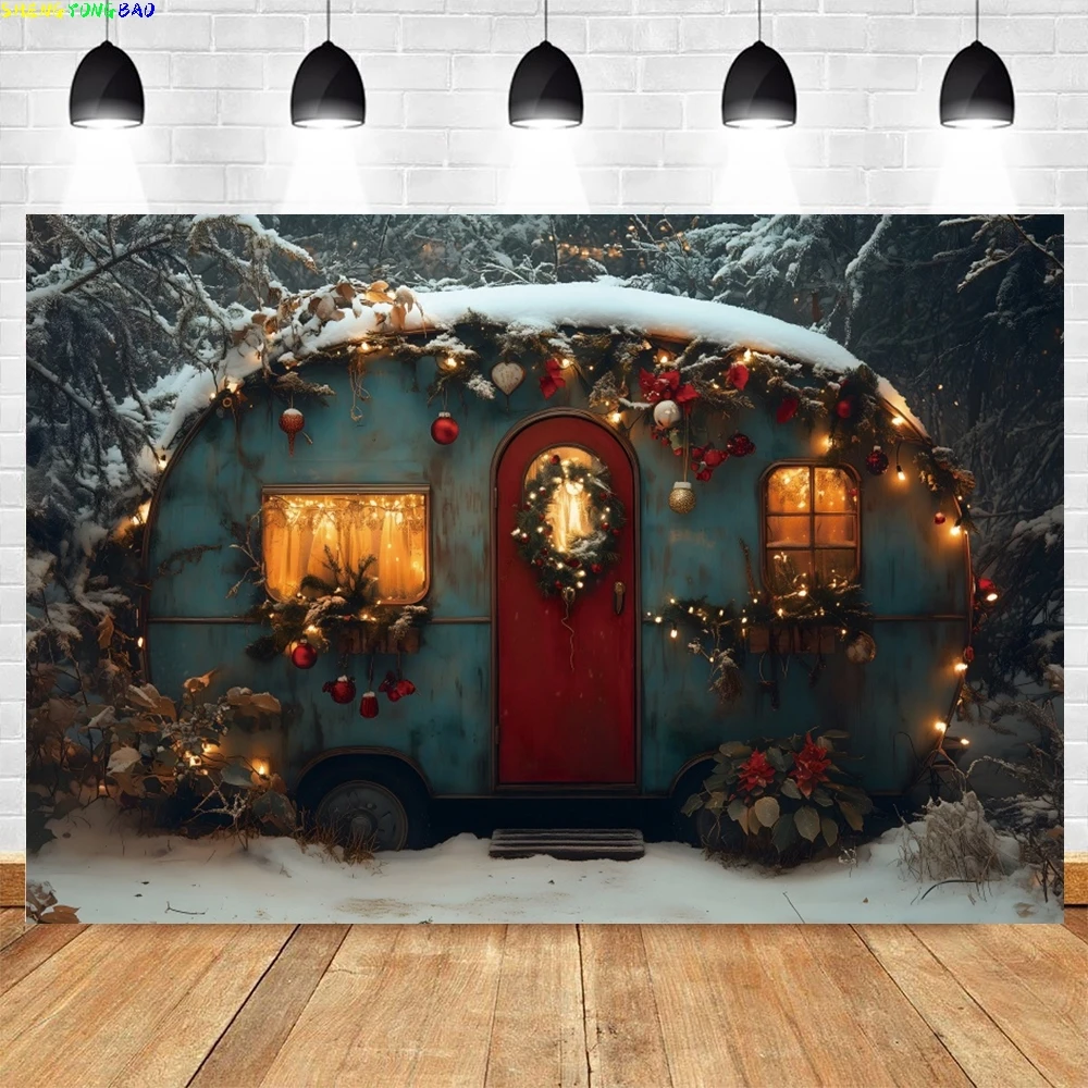 

Winter Christmas Car Photography Background Camping Car Forest Xmas Trees Kids Family Portrait Decor Backdrop Photo Studio Props