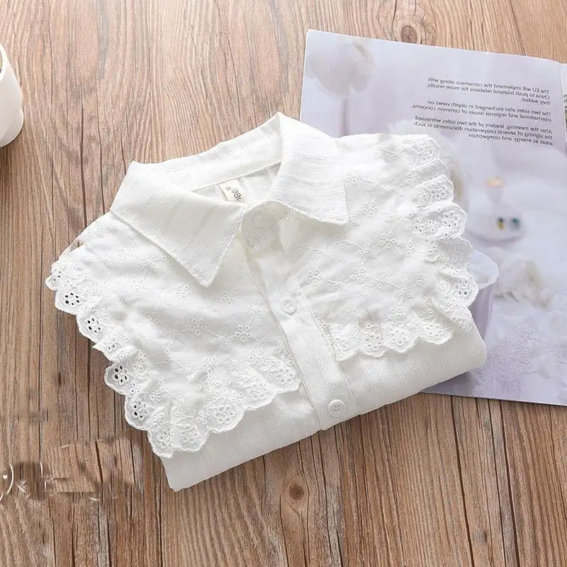 Shirt Lace White Girl Bottom Shirt Top Small and Medium Children's Clothing Student Long Sleeve Middle  Older  Inner Wear