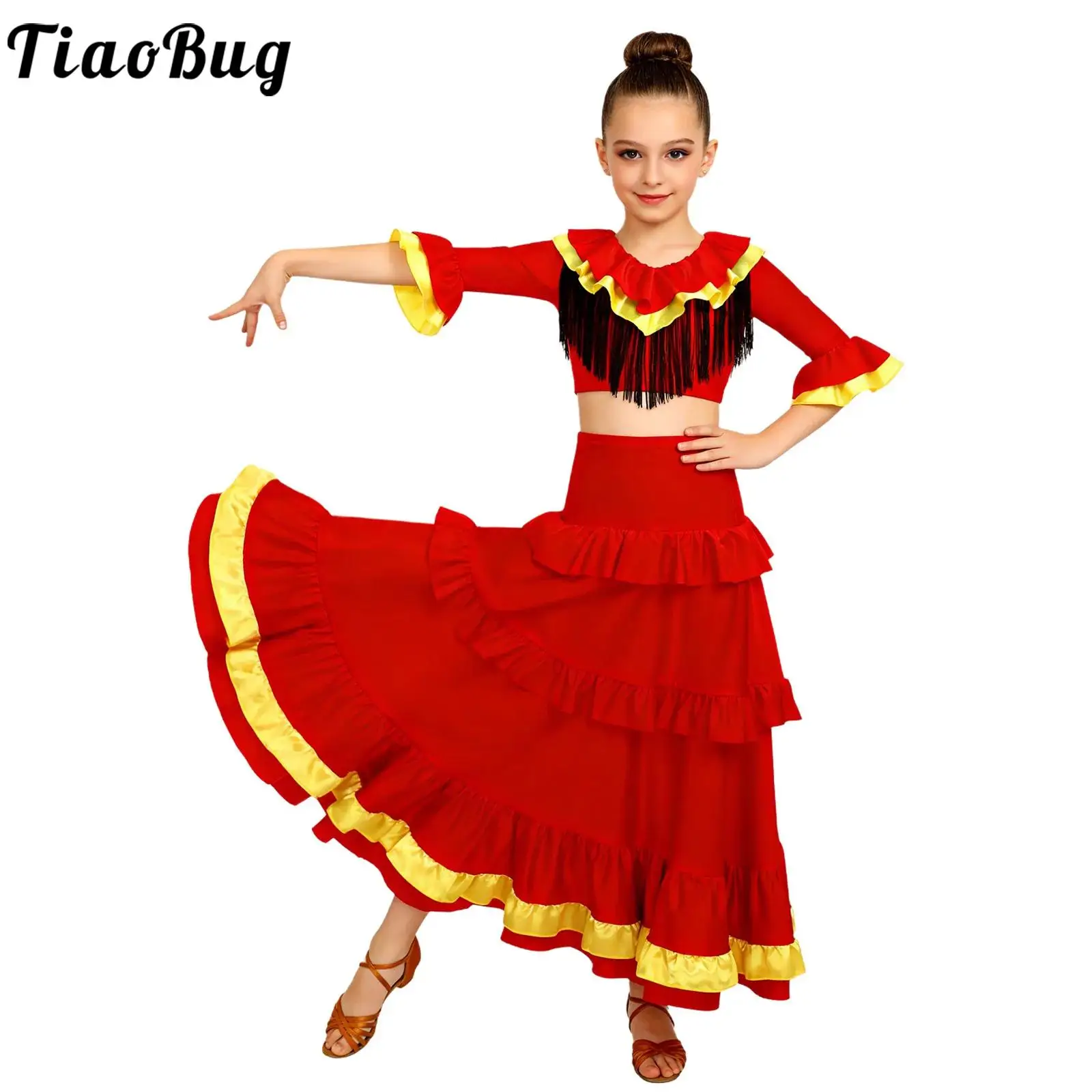 

Gypsy Kids Girls Spanish Flamenco Dance Dresses Big Swing Skirts And Crop Tops Carnival Party Ballroom Belly Dance Costume Sets