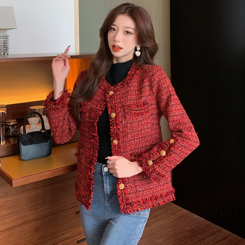 Christmas Red Short Coat Korean Loose Versatile Flannel Fragrant Style Women's Outerwear Polyester Fiber Long Sleeve round Neck