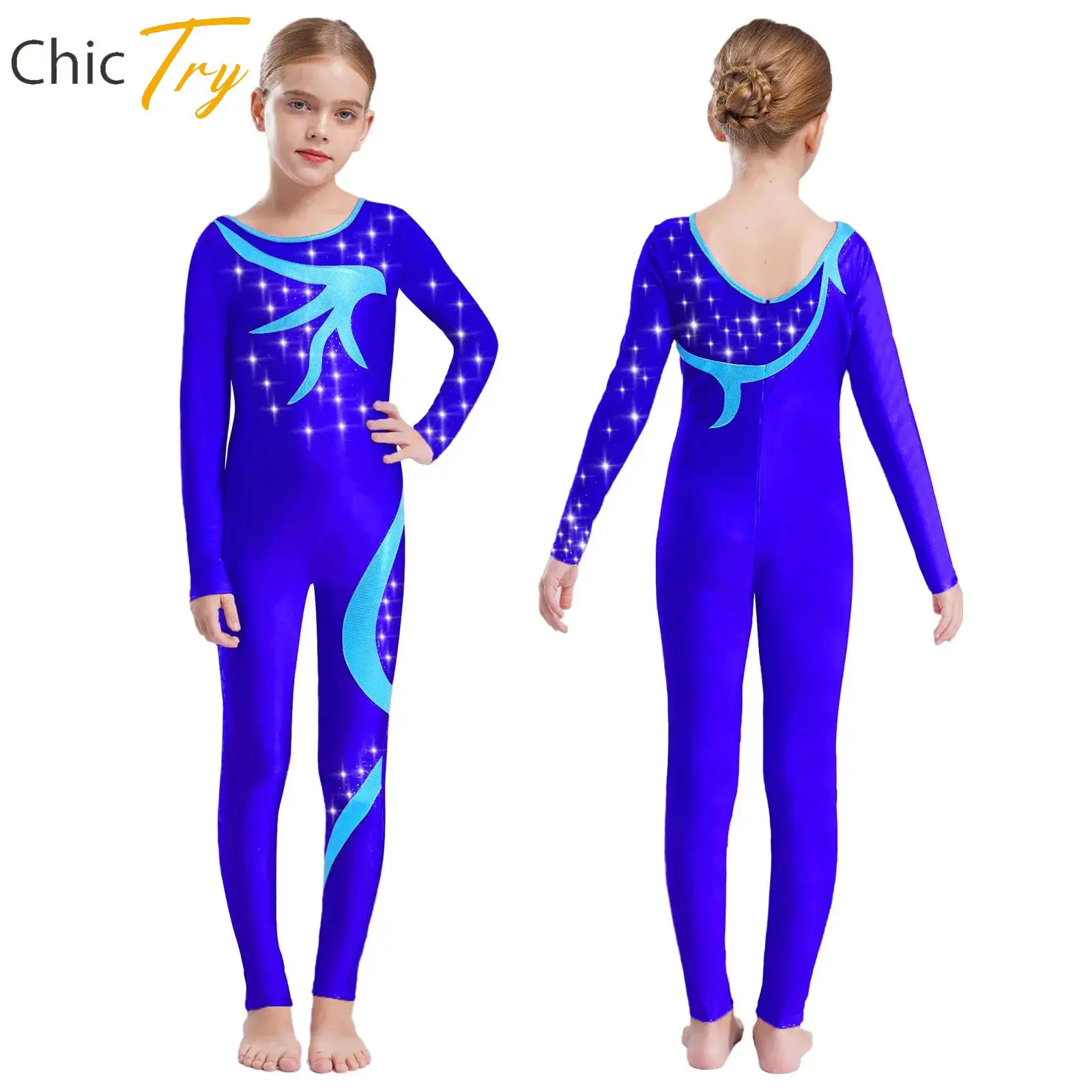 

Kids Girl Long Sleeve Ballet Gymnastics Leotard Rhinestones Bodysuit Full Length Leotard Jumpsuit for Figure Skating Performance