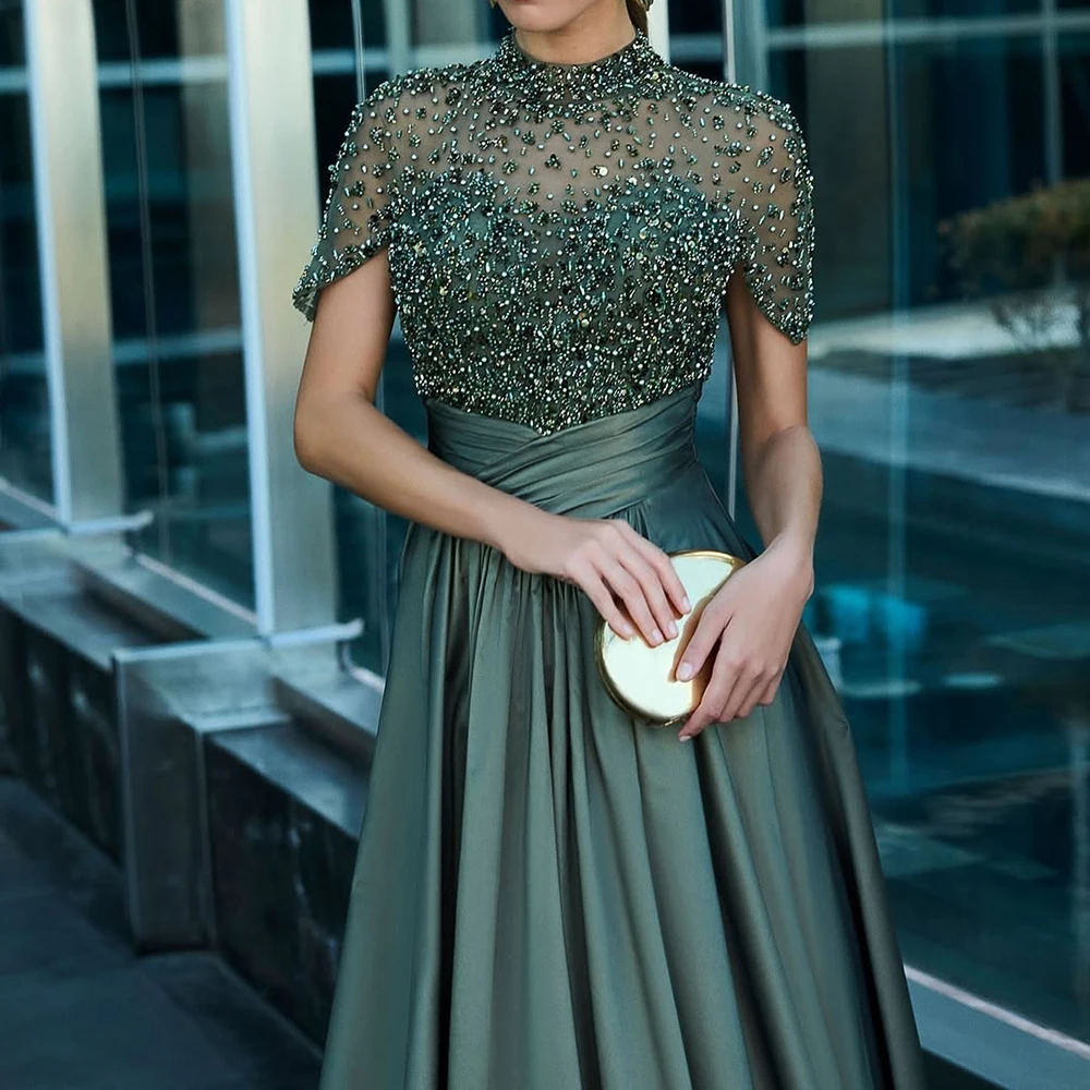Customized A-line Evening Dresses Floor-length High-neck Short Sleeve Prom Gown Fashion Sequined Beading Pleat Draped Party Gown