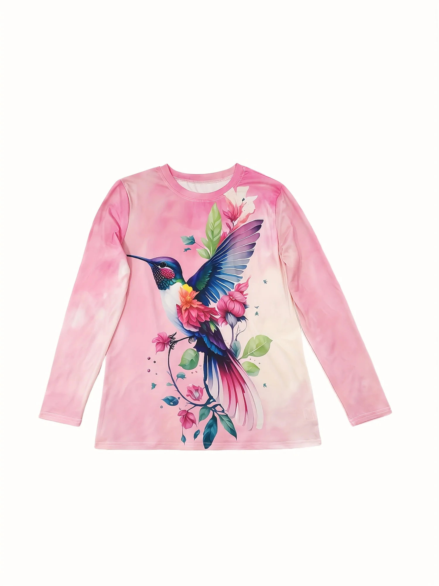 Women's Long Sleeve T-Shirt, Vibrant Hummingbird And Floral Print Design, All-Winter Holiday Style Top Suitable For Leisure And Sports Scenarios
