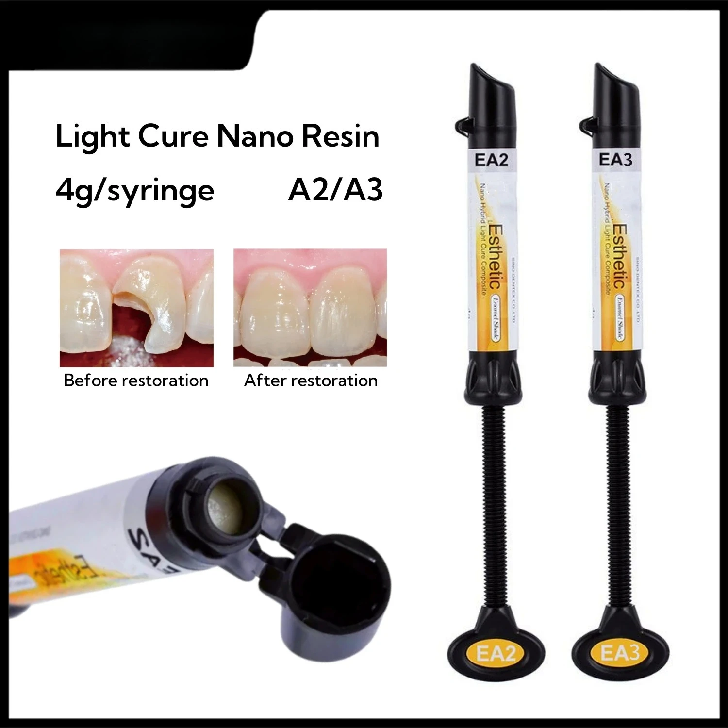 Résine composite dentaire A2 A3 photopolymérisable pour restauration esthétique antérieure, résine nano-hybride solide