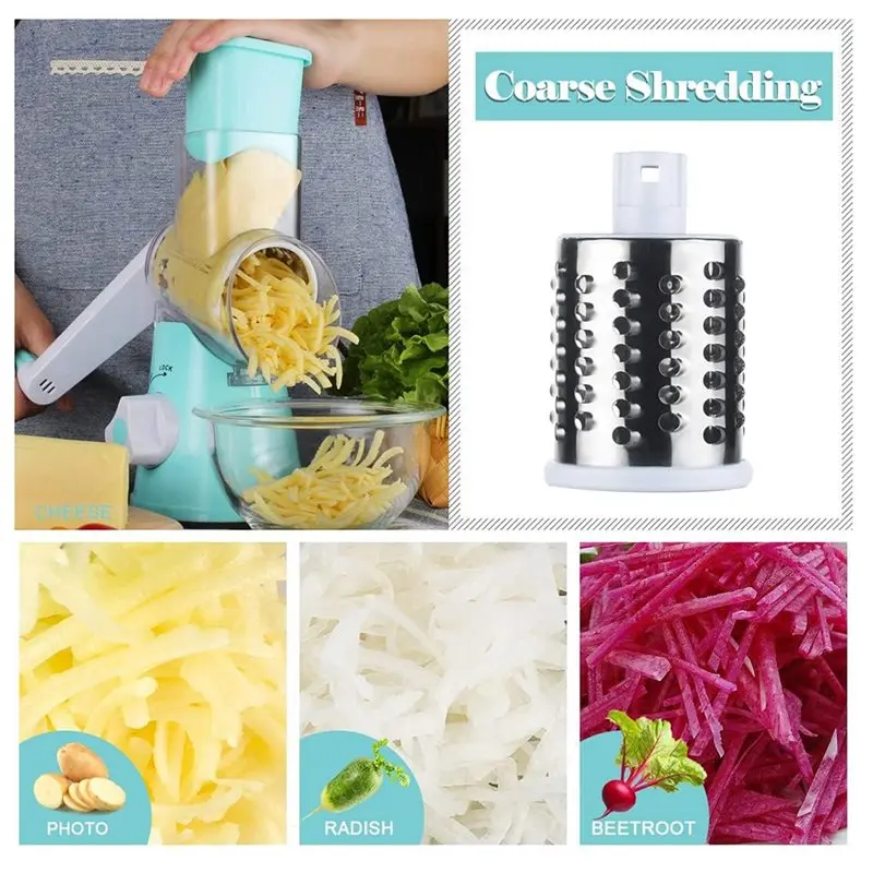 M12K-Round Mandolin Slicer Grinder With 2 Drum Blades, Manual Rotary Cheese Grater Shredder For Speed Kitchen C