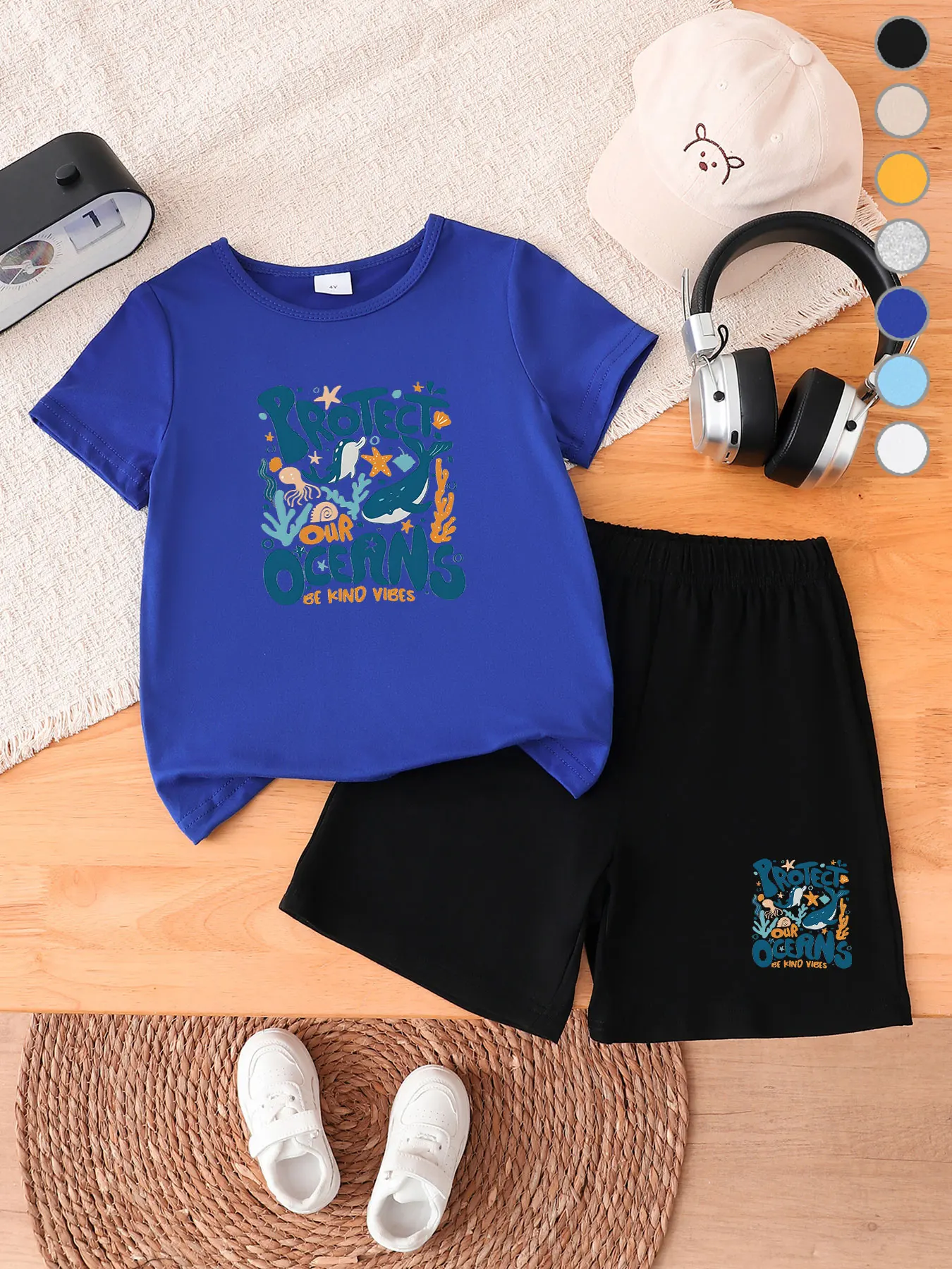 Boys' 2-Piece T-shirt & Shorts Set, KING Crown Print, soft breathable, casual for daily and outdoor wear Can you provide more co