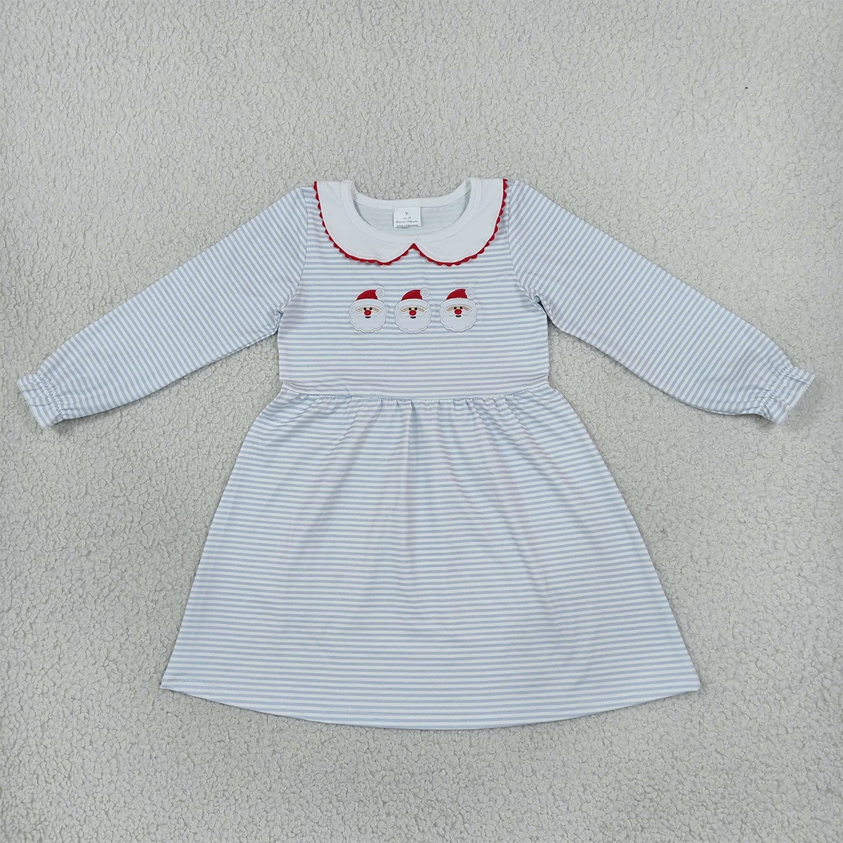 Baby Girl Clothes Cute Dress Girls Long Sleeve Kids Christmas Knee Length Dress Embroidery Santa Blue Stripe Collar Wholesale