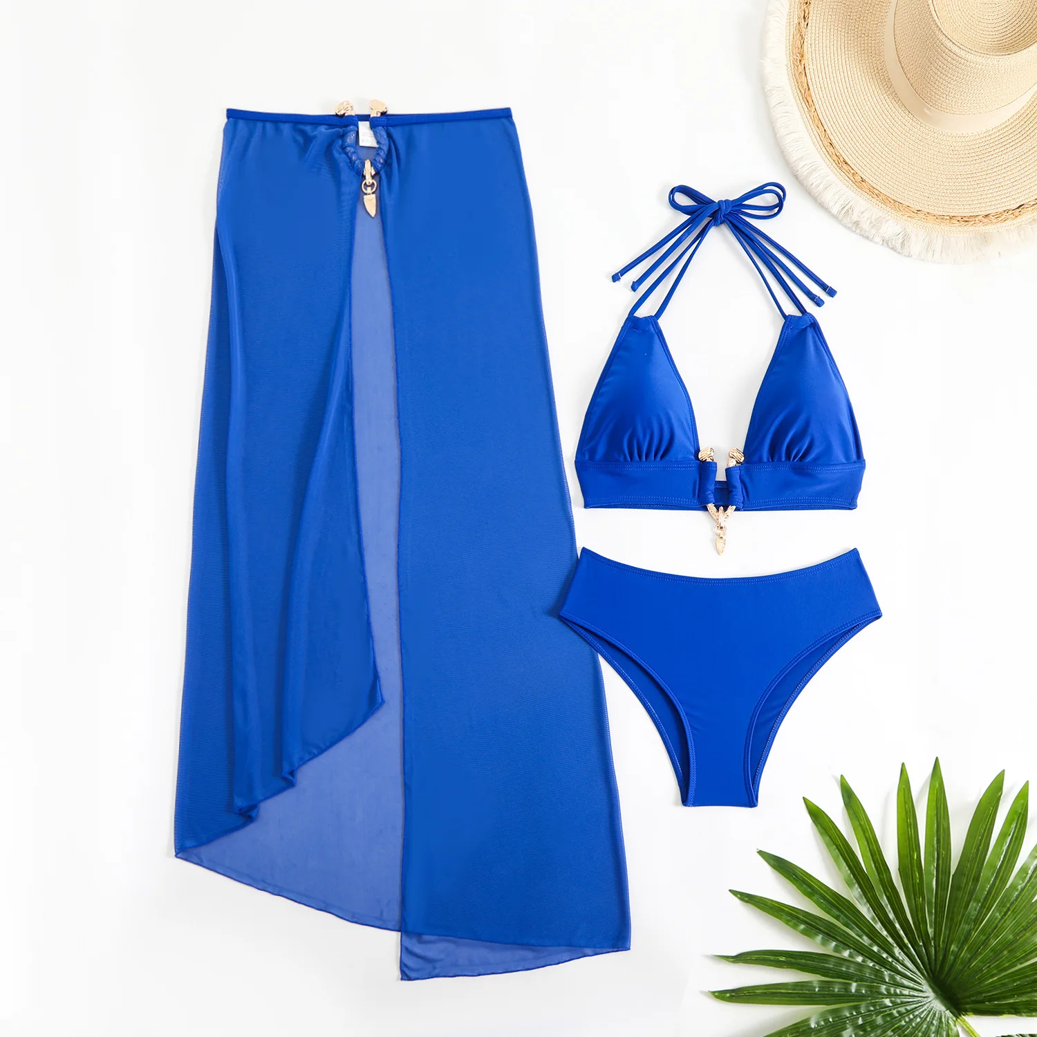 sexy plain halter tie bikinis sets three pieces with mesh split long skirt swimsuits bathing suit swimwear biquini tankini