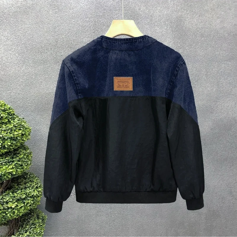 Fashion Casual Versatile Jacket Men's Denim Splicing 2024 Spring Autumn V-neck Button Pocket Loose Casual Long Sleeved Jackets