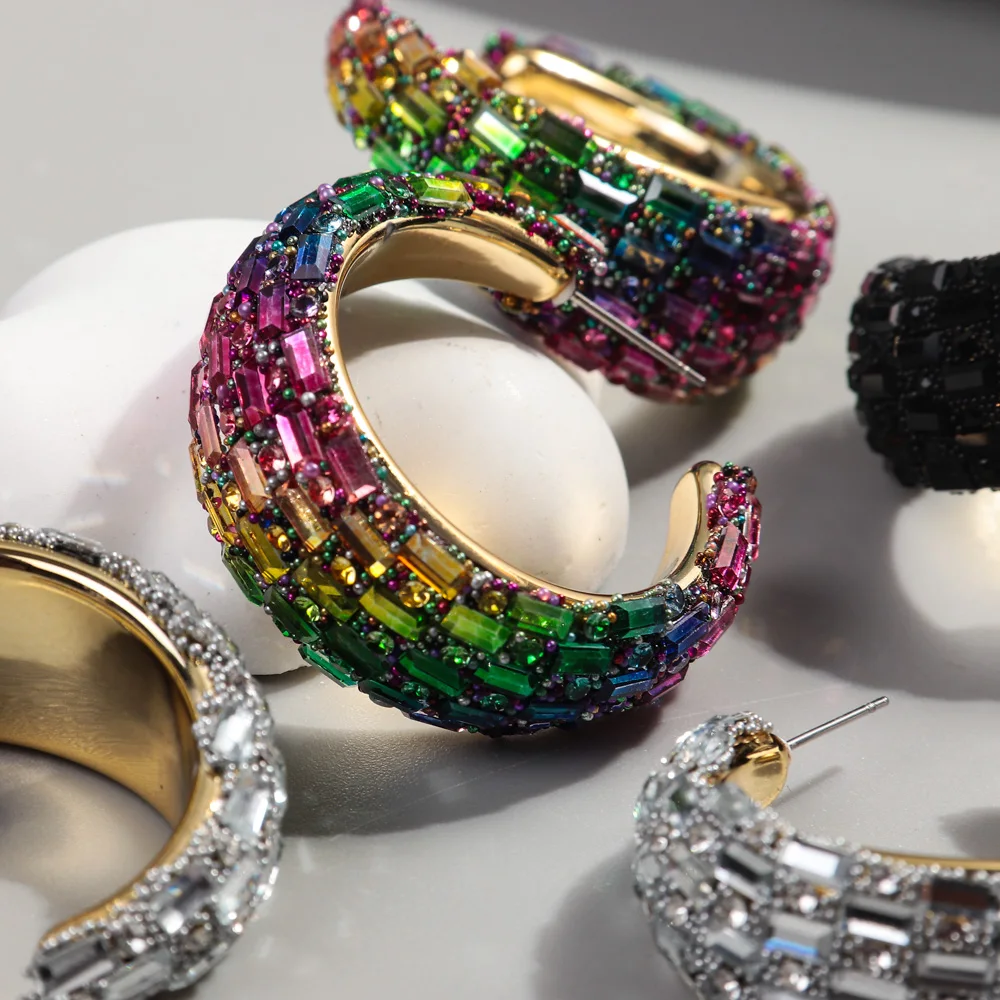 FishSheep Luxury C-Shape Crystal Hoop Earrings for Women Bohemian Colorful Acrylic Wide Hoops Fashion Party Jewelry